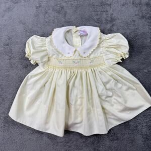 Vintage 80s 90s Petit Ami Baby Girls Dress Yellow 18 Months Floral Embroidery